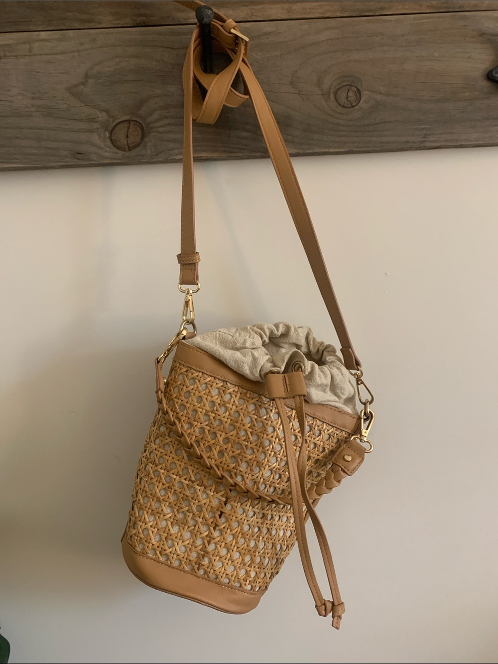 Tommy Bahama Woven Tan Bucket Crossbody with Drawstring